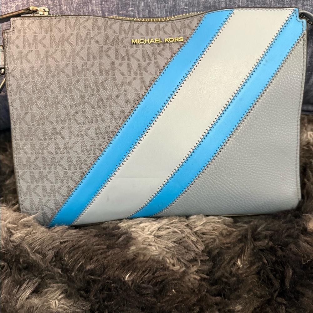 Michael Kors Gray and Blue Striped Pouch
